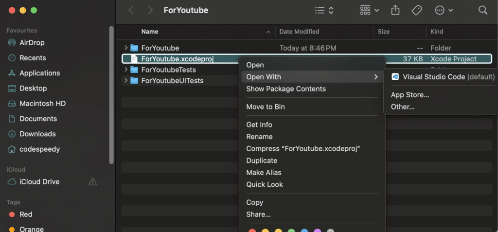 The project at ‘/Users/codespeedy/Desktop/ForYoutube/ForYoutube.xcodeproj’ cannot be opened because it is in a future Xcode project file format. Adjust the project format using a compatible version of Xcode to allow it to be opened by this version of Xcode.